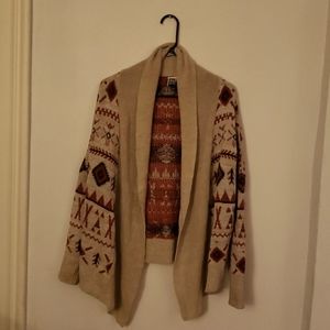 Roxy | Cream, Orange + Brown Aztec Open-Front Knit Cardigan | XS